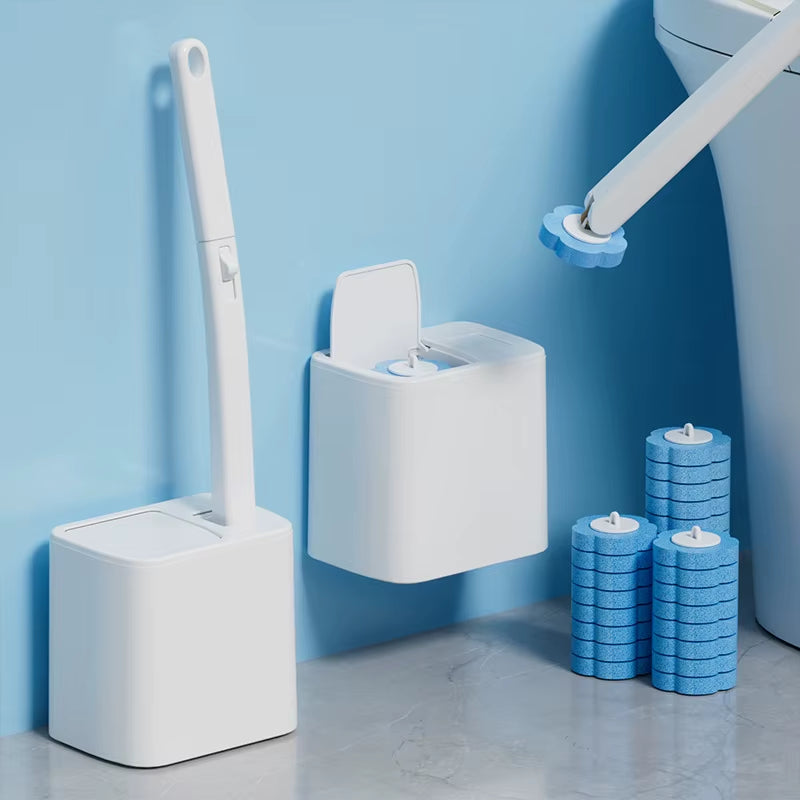 New Plastic One-Piece Automatic Flip Cover Toilet Brush Set with Base and Disposable Cleaning Brush