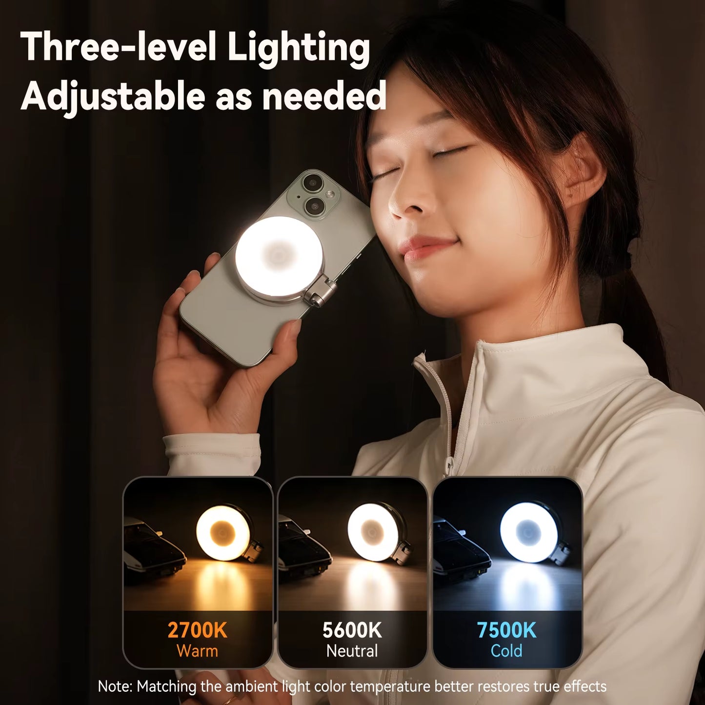 TELESIN Mini Fill Light Rechargeable 3 Modes Adjustable 180° Flip & Built-In Mirror Magnetic Mobile Phone Selfie Ring Light