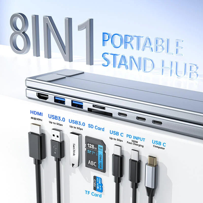 Aluminum Docking Station for Mobile Phone 8 Ports Usb C Hub HD 4K USB3.0 Multifunction 8 in 1 USB C HUB Foldable Laptop Stand