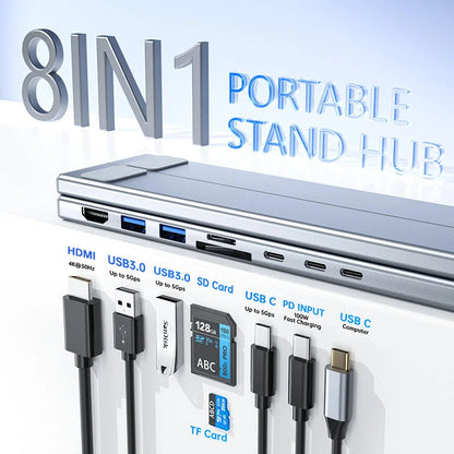 Aluminum Docking Station for Mobile Phone 8 Ports Usb C Hub HD 4K USB3.0 Multifunction 8 in 1 USB C HUB Foldable Laptop Stand
