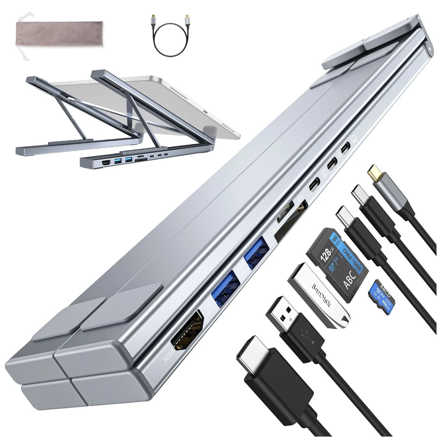 Aluminum Docking Station for Mobile Phone 8 Ports Usb C Hub HD 4K USB3.0 Multifunction 8 in 1 USB C HUB Foldable Laptop Stand