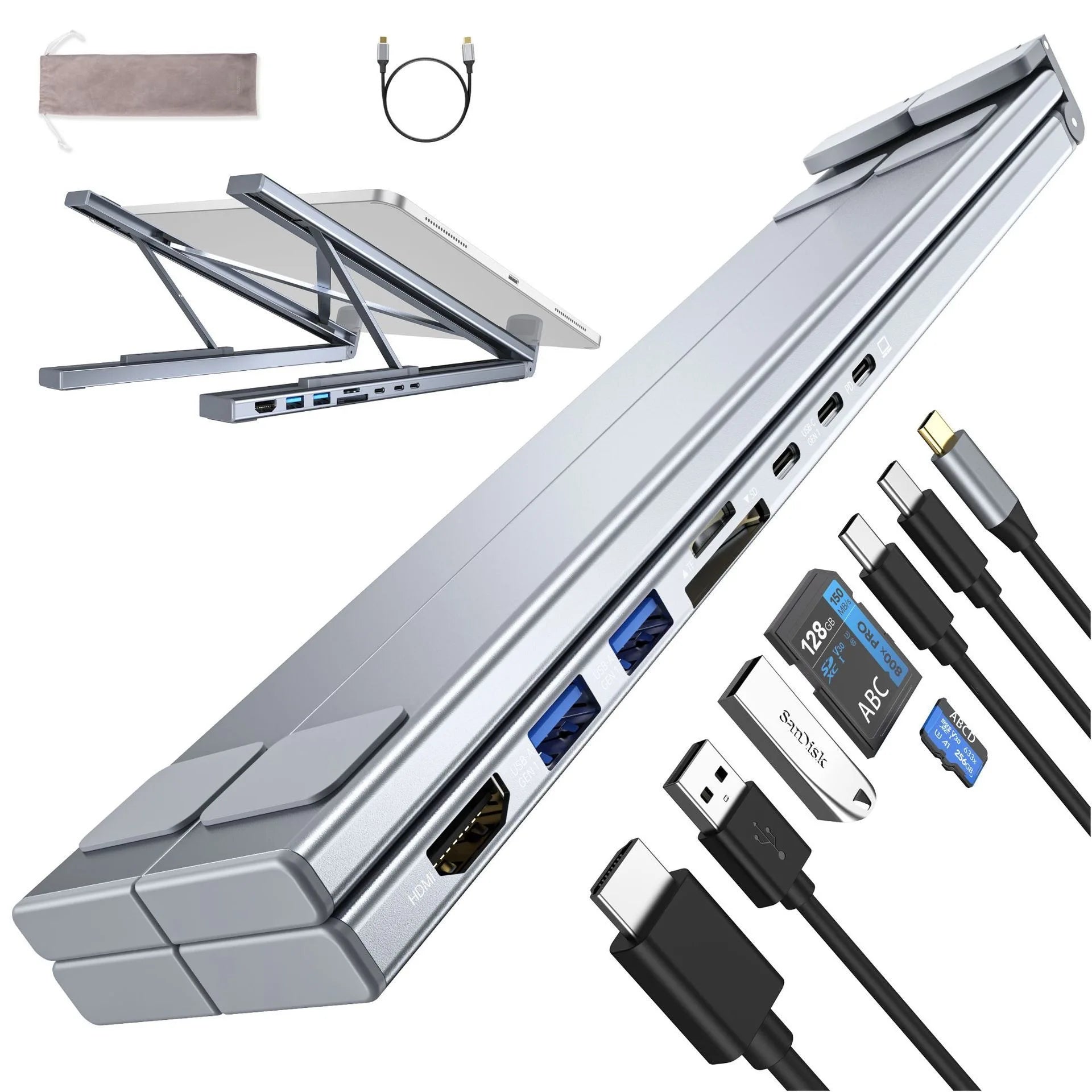 Aluminum Docking Station for Mobile Phone 8 Ports Usb C Hub HD 4K USB3.0 Multifunction 8 in 1 USB C HUB Foldable Laptop Stand