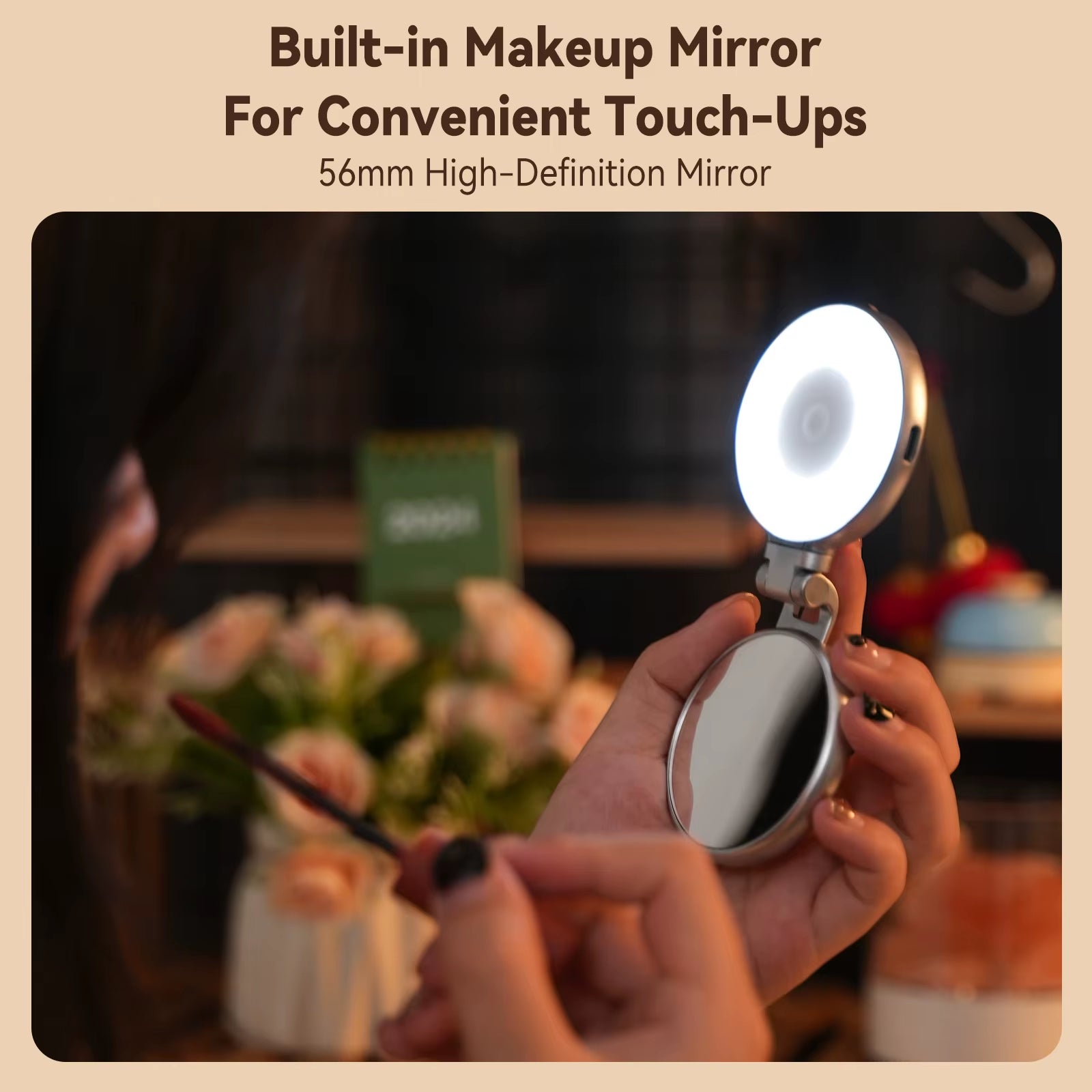 TELESIN Mini Fill Light Rechargeable 3 Modes Adjustable 180° Flip & Built-In Mirror Magnetic Mobile Phone Selfie Ring Light