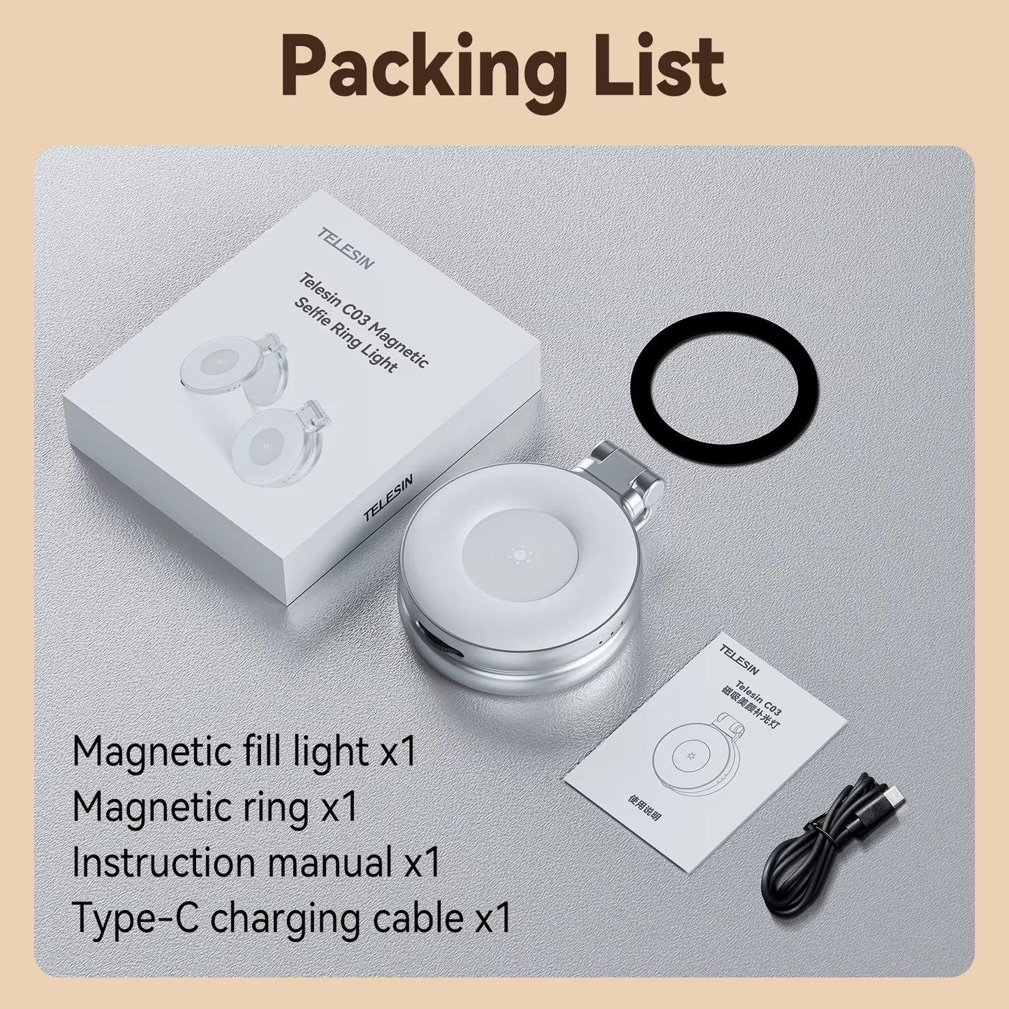 TELESIN Mini Fill Light Rechargeable 3 Modes Adjustable 180° Flip & Built-In Mirror Magnetic Mobile Phone Selfie Ring Light