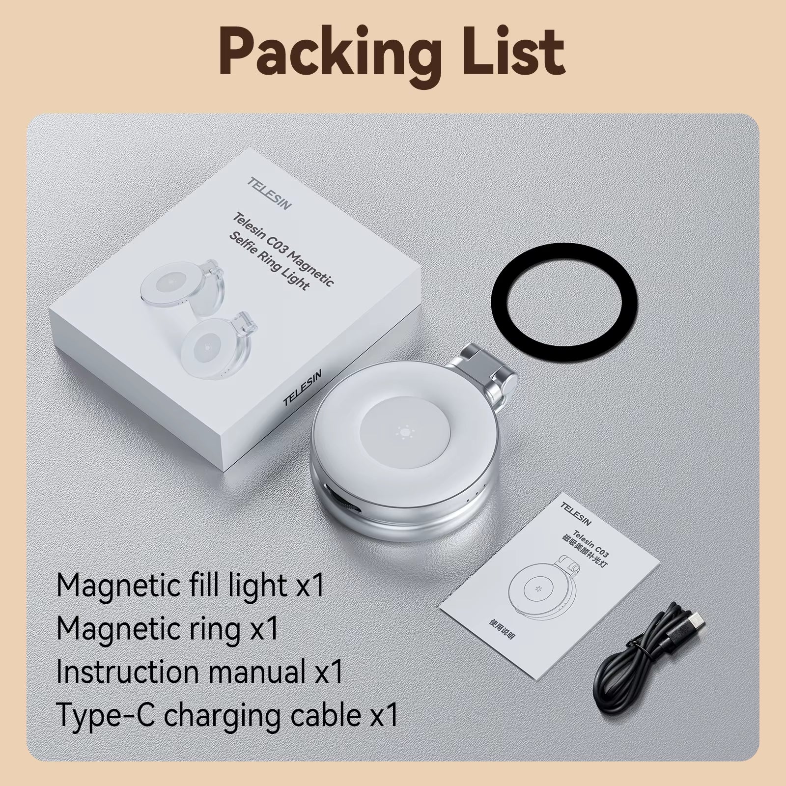 TELESIN Mini Fill Light Rechargeable 3 Modes Adjustable 180° Flip & Built-In Mirror Magnetic Mobile Phone Selfie Ring Light