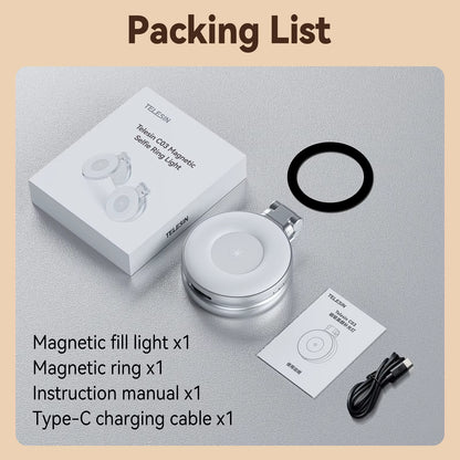 TELESIN Mini Fill Light Rechargeable 3 Modes Adjustable 180° Flip & Built-In Mirror Magnetic Mobile Phone Selfie Ring Light